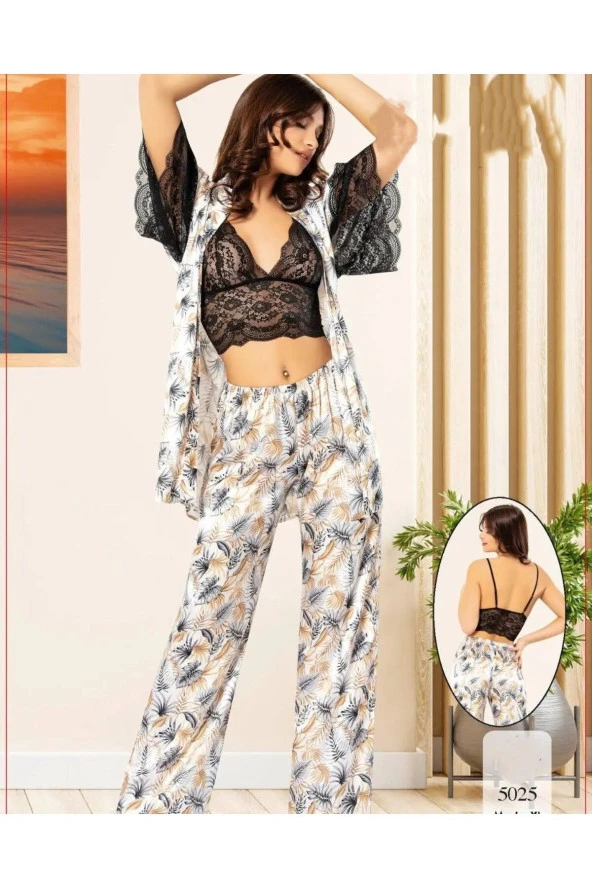 Kadın Çok Renkli Saten Pijama & Büstiyer Sabahlık Takım