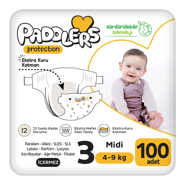 Paddlers Protection Bebek Bezi 3 Numara Midi 100 Adet (4-9 Kg) 2'li Jumbo Set ürün görseli