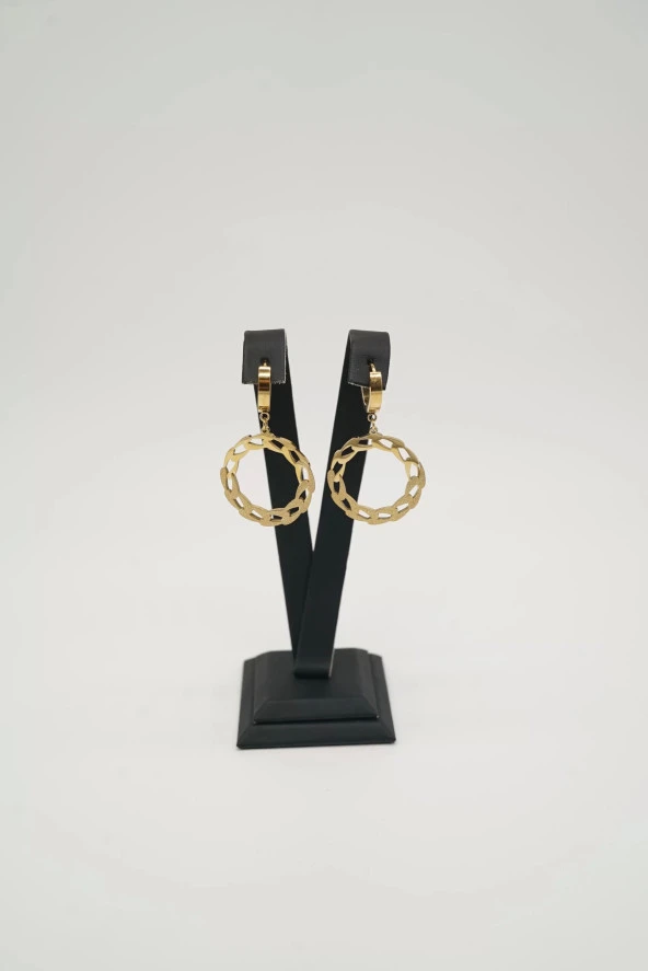 Zincir Desen Gold Halka Çelik Küpe - 3