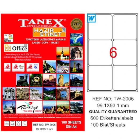 Tanex Laser Etiket 100 Yp 99.1x93.1 Laser-Copy-Inkjet TW-2006