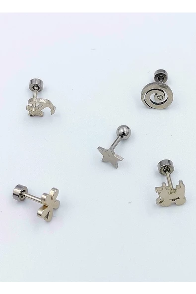 Renkli Taşlı Çelik 5 Adet Kaş Tragus Piercing - 1