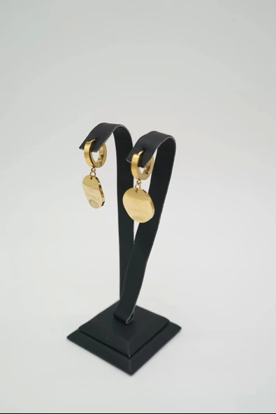 Yuvarlak Plaka Gold Renk Çelik Küpe - 3