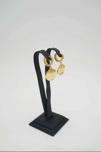 Yuvarlak Plaka Gold Renk Çelik Küpe - 4