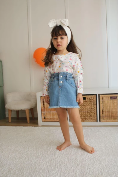 KIZ ÇOCUK DESENLİ BEBE YAKALI KOT ETEKLİ İKİLİ TAKIM - 2
