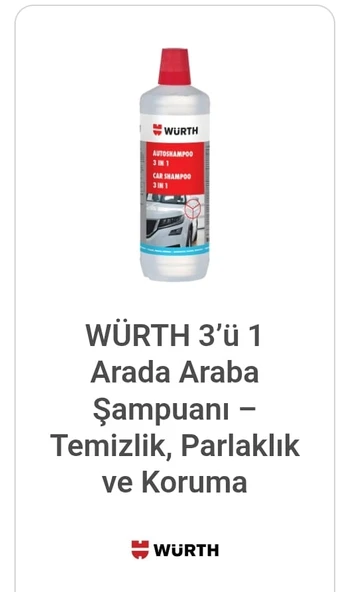 WÜRTH 3 ü 1 Arada Araba Şampuanı 1 Lt. - Temizlik, Parlaklık ve Koruma - 3