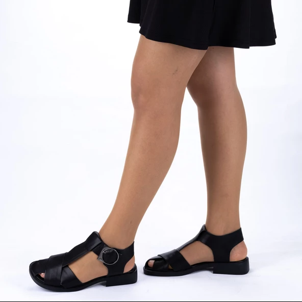 TwoEgoist Kadın Hakiki Deri Geniş Kalıp Konforlu Günlük Şık Sandalet - 8