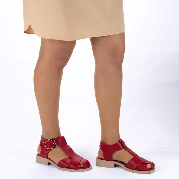 TwoEgoist Kadın Hakiki Deri Geniş Kalıp Konforlu Günlük Şık Sandalet - 9