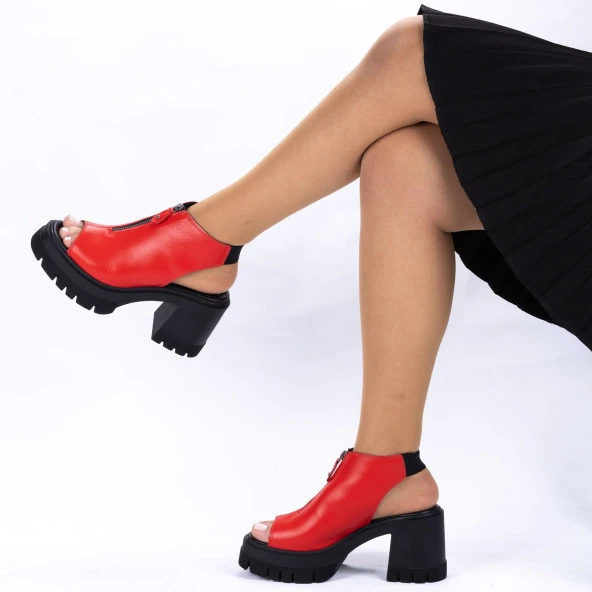 Twoegoist Kadın Hakiki Deri  Fermuarlı Platform Topuklu Sandalet