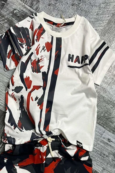 Erkek Çocuk Happy Yazı ve Kamuflaj Desenli Cepli Kırmızı Şortlu Takım - Resim 5