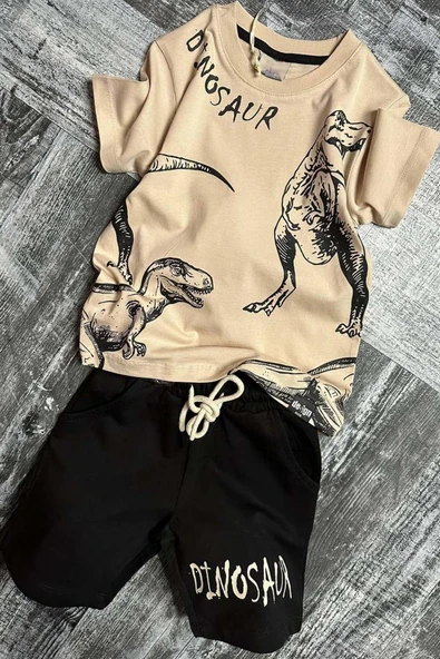 Erkek Çocuk Dinosaur Yazı ve Görsel Baskılı Suprem Bej Tişört Şortlu Takım ürün görseli
