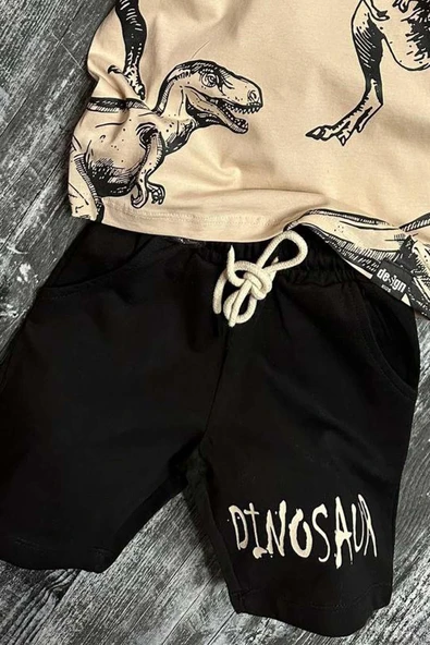 Erkek Çocuk Dinosaur Yazı ve Görsel Baskılı Suprem Bej Tişört Şortlu Takım - Resim 3