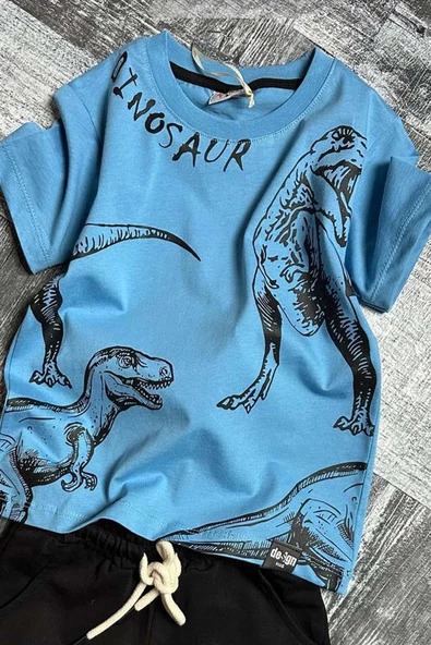 Erkek Çocuk Dinosaur Yazı ve Görsel Baskılı Suprem Mavi Tişört Şortlu Takım - 2