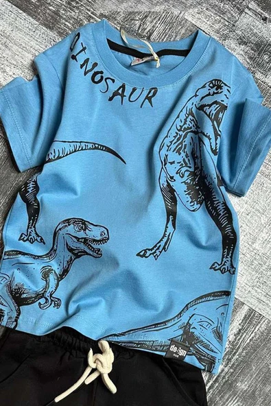 Erkek Çocuk Dinosaur Yazı ve Görsel Baskılı Suprem Mavi Tişört Şortlu Takım - Resim 2