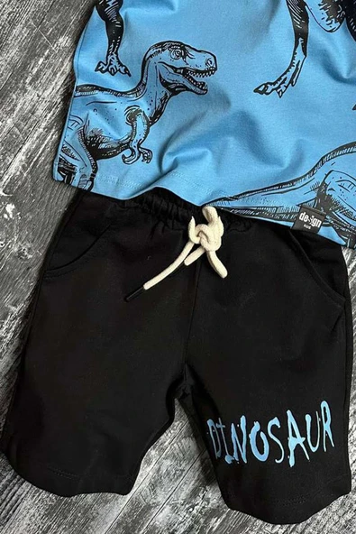 Erkek Çocuk Dinosaur Yazı ve Görsel Baskılı Suprem Mavi Tişört Şortlu Takım - Resim 3