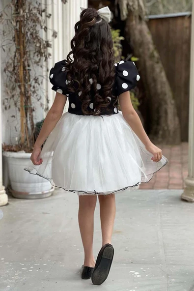 Kız Çocuk Balon Kollu Puantiyeli Eteği Kabarık Tüllü Fiyonk Detaylı Beyaz Elbise - Resim 9