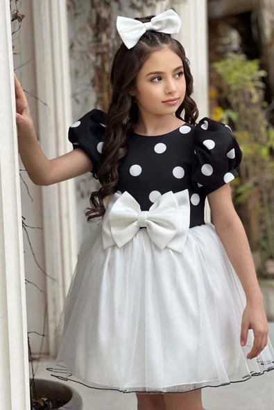 Kız Çocuk Balon Kollu Puantiyeli Eteği Kabarık Tüllü Fiyonk Detaylı Beyaz Elbise - Resim 8