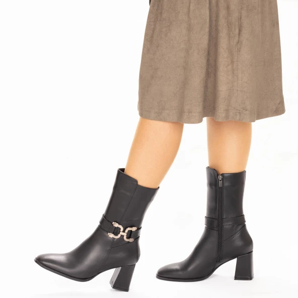 Kadın Hakiki Deri 7 Cm Topuklu Yarım Çizme - 2