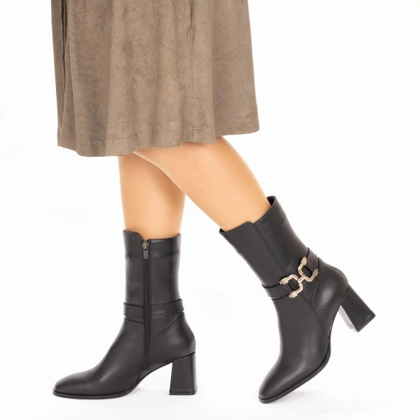 Kadın Hakiki Deri 7 Cm Topuklu Yarım Çizme - 4