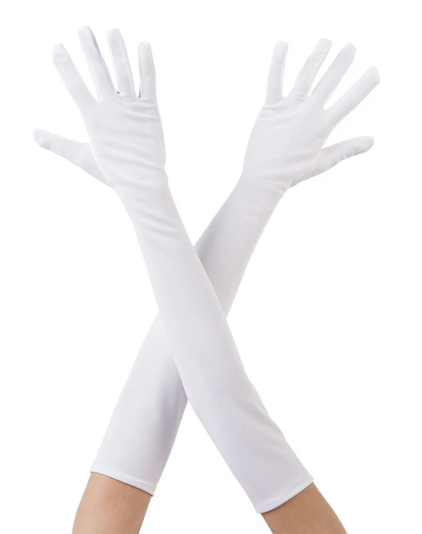 Beyaz Renk Dirseğe Kadar Uzun Kumaş Eldiven 40 cm