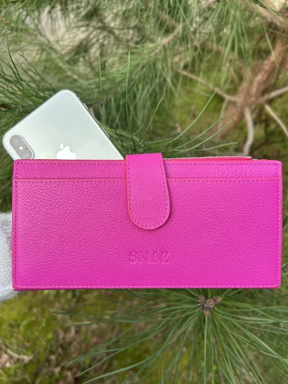 SANLINE Hakiki Deri Telefon Bölmeli Kadın Cüzdan - El Portföyü Fuşya
