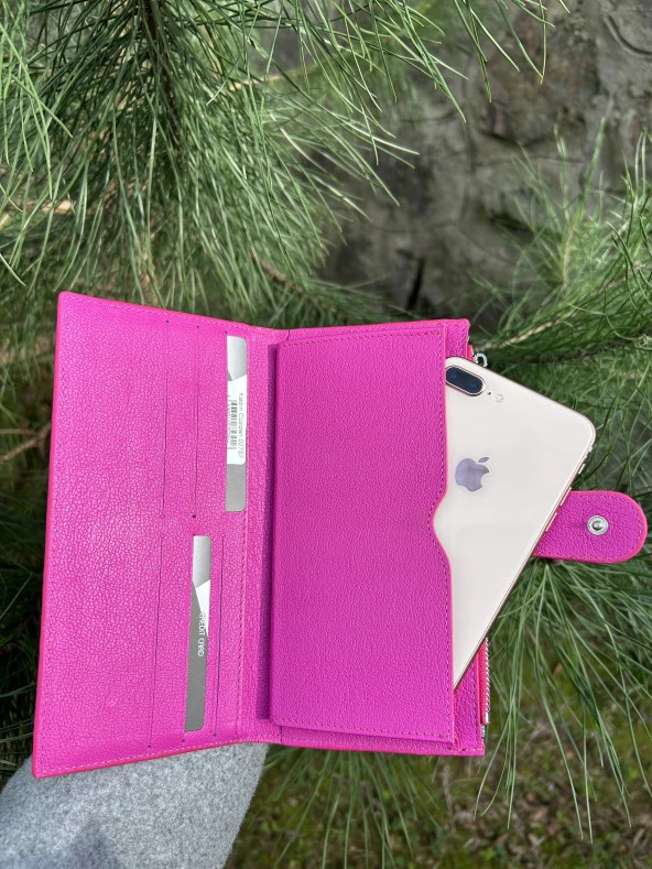 SANLINE Hakiki Deri Telefon Bölmeli Kadın Cüzdan - El Portföyü Fuşya - 2