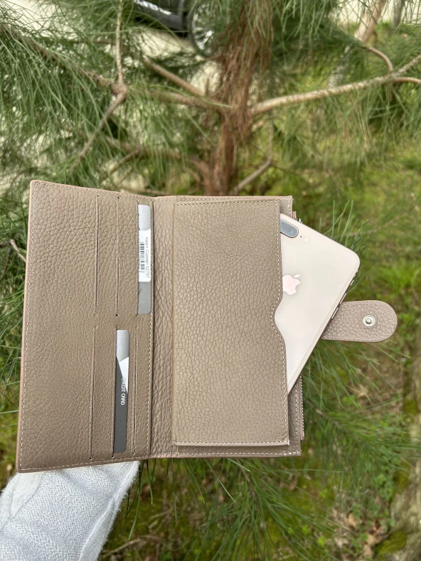 SANLINE Hakiki Deri Telefon Bölmeli Kadın Cüzdan - El Portföyü Vizon - 2