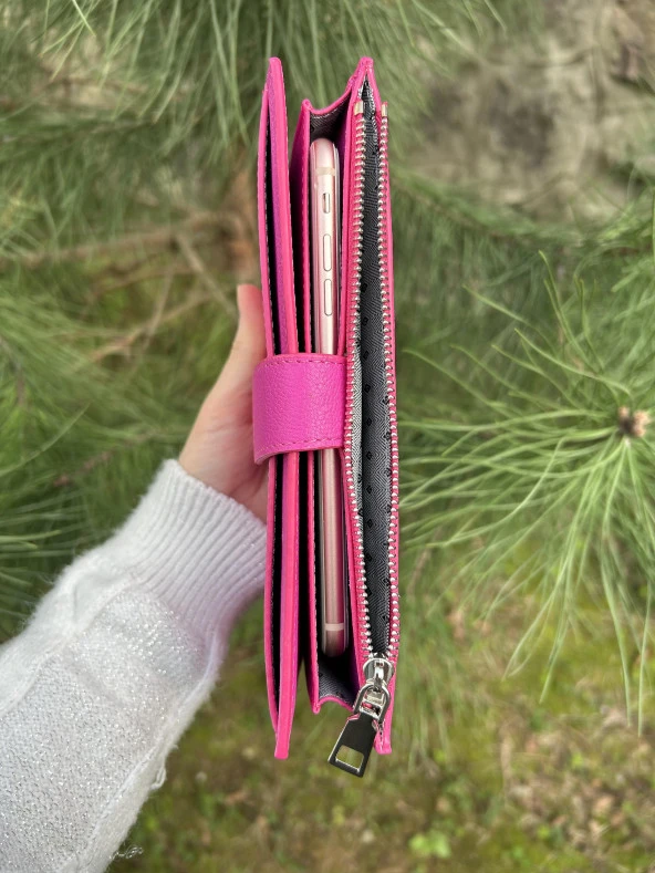 SANLINE Hakiki Deri Telefon Bölmeli Kadın Cüzdan - El Portföyü Fuşya - 3