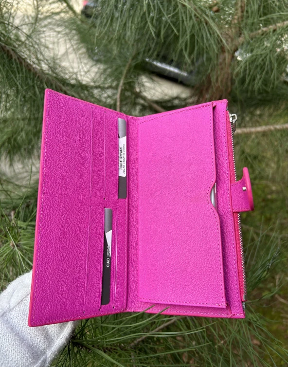 SANLINE Hakiki Deri Telefon Bölmeli Kadın Cüzdan - El Portföyü Fuşya - 4