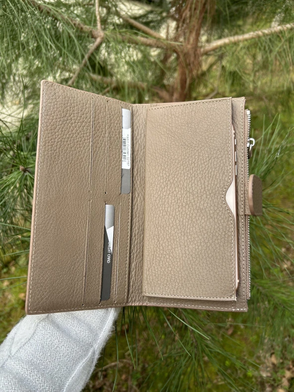 SANLINE Hakiki Deri Telefon Bölmeli Kadın Cüzdan - El Portföyü Vizon - 4