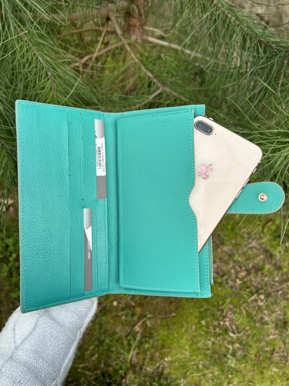 SANLINE Hakiki Deri Telefon Bölmeli Kadın Cüzdan - El Portföyü Turkuaz - 2