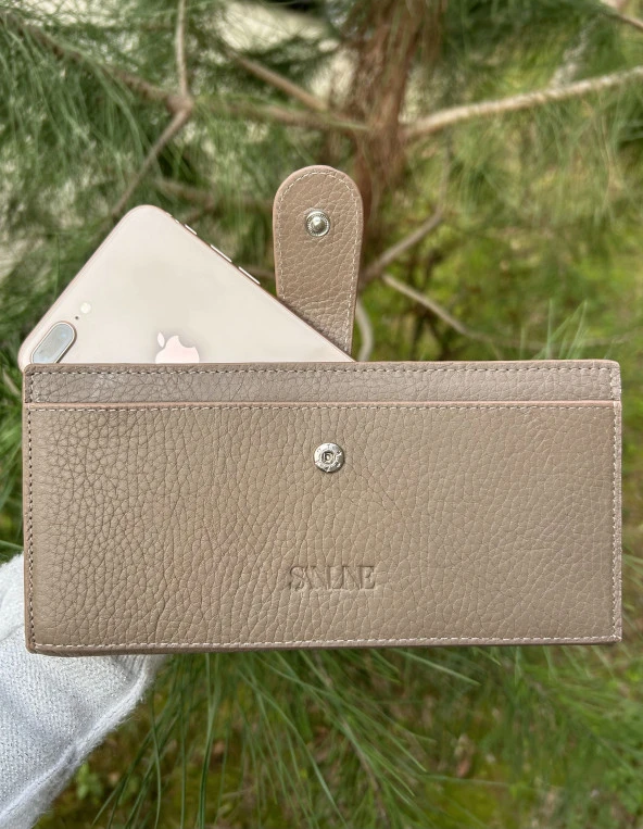 SANLINE Hakiki Deri Telefon Bölmeli Kadın Cüzdan - El Portföyü Vizon - 5