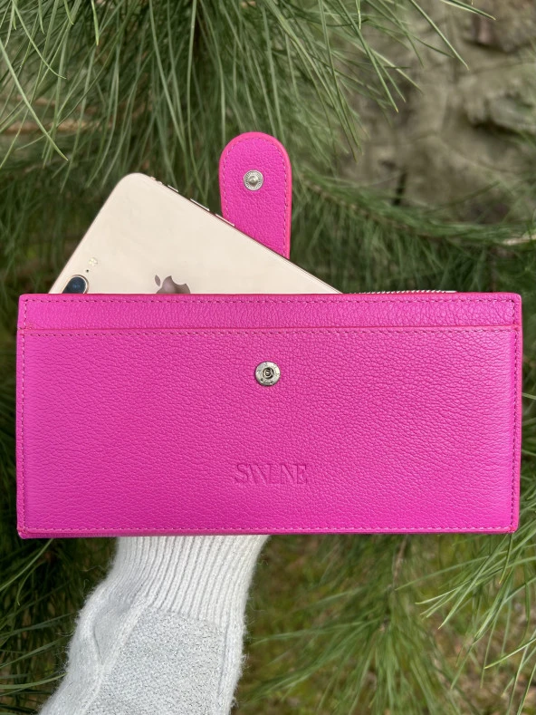 SANLINE Hakiki Deri Telefon Bölmeli Kadın Cüzdan - El Portföyü Fuşya - 6