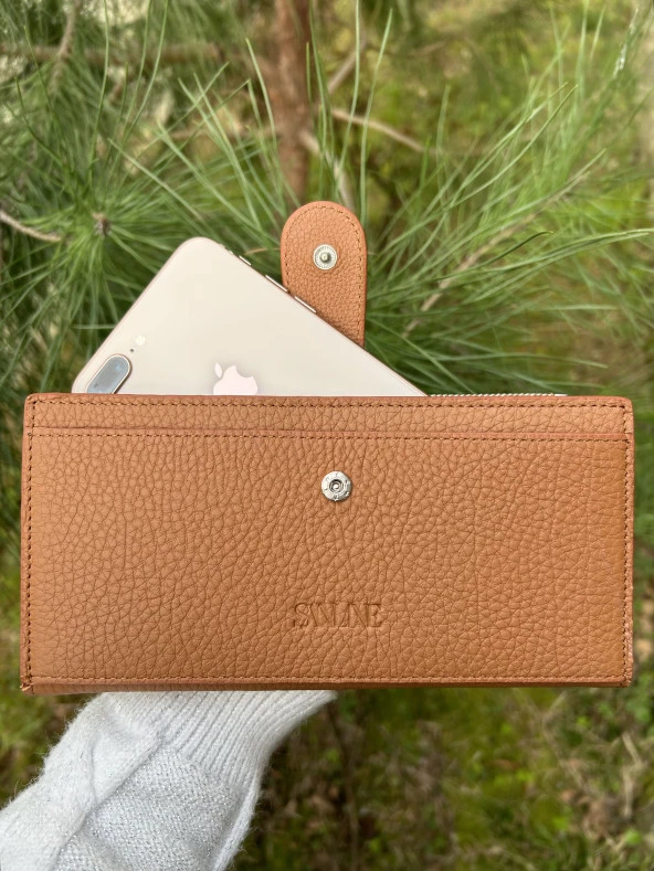 SANLINE Hakiki Deri Telefon Bölmeli Kadın Cüzdan - El Portföyü Taba - 3