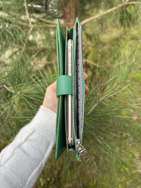 SANLINE Hakiki Deri Telefon Bölmeli Kadın Cüzdan - El Portföyü Yeşil - 4