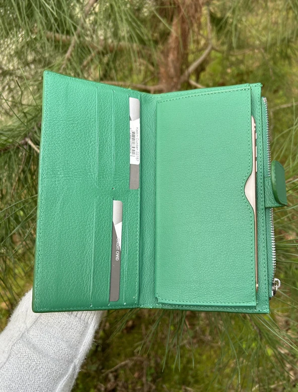 SANLINE Hakiki Deri Telefon Bölmeli Kadın Cüzdan - El Portföyü Yeşil - 5