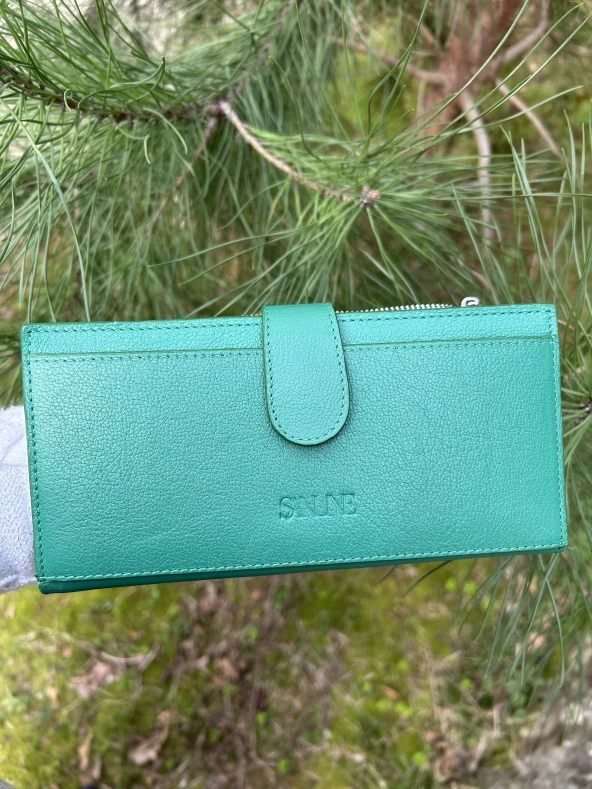 SANLINE Hakiki Deri Telefon Bölmeli Kadın Cüzdan - El Portföyü Turkuaz - 5