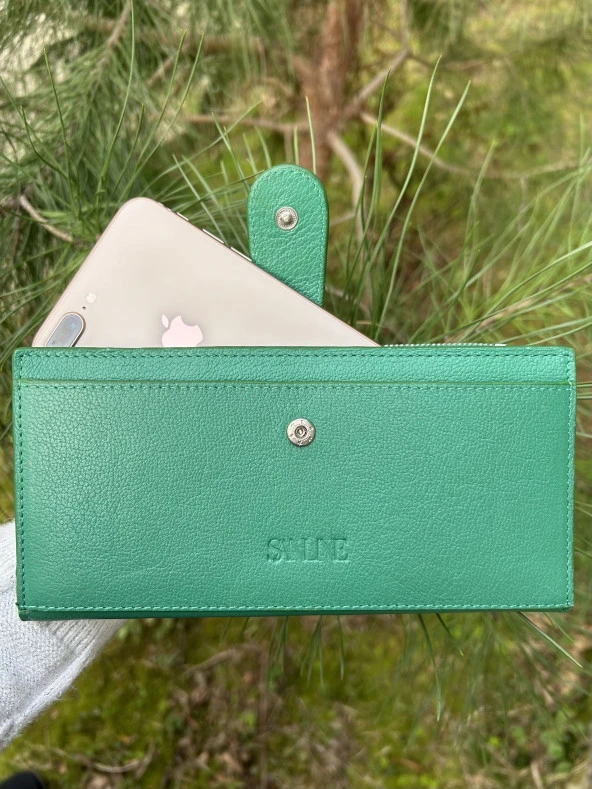 SANLINE Hakiki Deri Telefon Bölmeli Kadın Cüzdan - El Portföyü Yeşil - 6