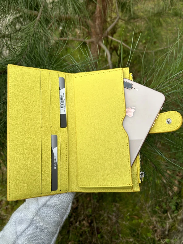 SANLINE Hakiki Deri Telefon Bölmeli Kadın Cüzdan - El Portföyü Sarı - 3