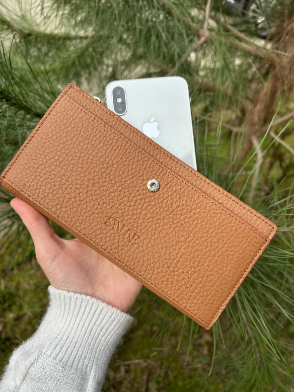 SANLINE Hakiki Deri Telefon Bölmeli Kadın Cüzdan - El Portföyü Taba - 6