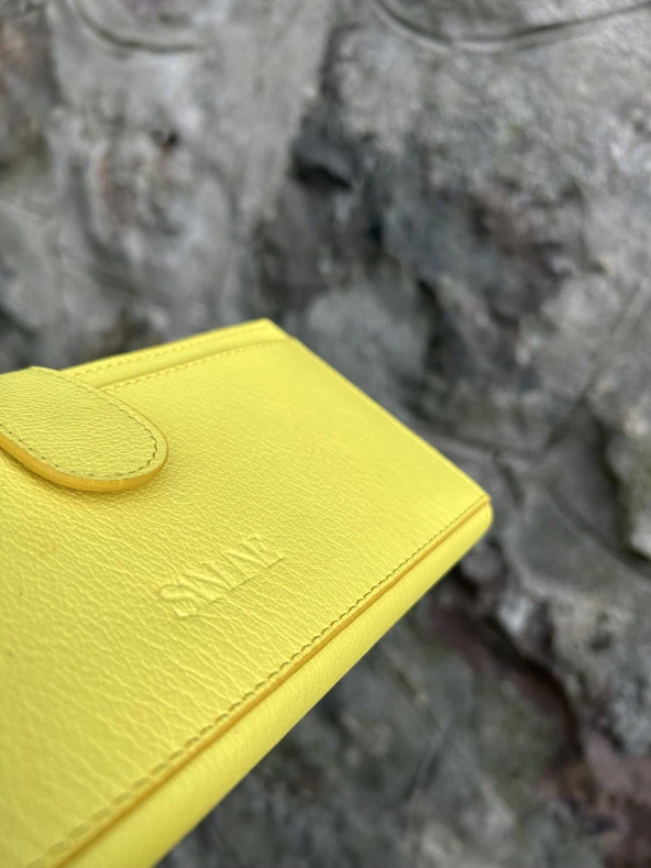 SANLINE Hakiki Deri Telefon Bölmeli Kadın Cüzdan - El Portföyü Sarı - 6