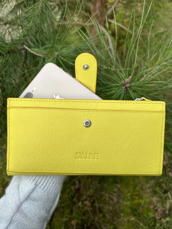 SANLINE Hakiki Deri Telefon Bölmeli Kadın Cüzdan - El Portföyü Sarı - 7