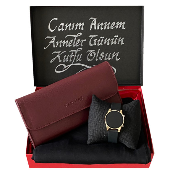 Anneler Günü Dijital Kol Saati Seti Bordo Cüzdan Siyah Penye - 2