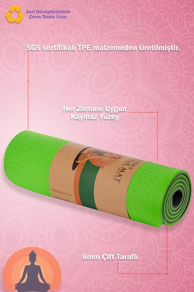 Premium 8mm Çift Taraflı Gerçek Yoga Matı Kaymaz Yüzey Çevre Dostu Desenli Pilates Minderi - 10