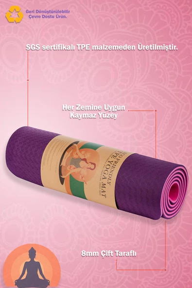 Premium 8mm Çift Taraflı Gerçek Yoga Matı Kaymaz Yüzey Çevre Dostu Desenli Pilates Minderi - 5