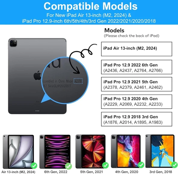 Apple iPad Pro 12.9 3. Nesil 4. Nesil Kılıf Kablosuz Dönebilen Klavyeli Case Keyboard - 8