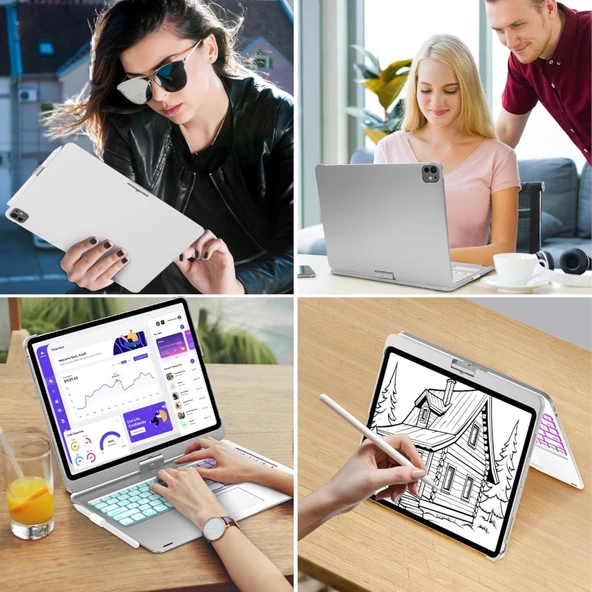 Apple iPad Pro 12.9 5. Nesil 6. Nesil Kılıf Kablosuz Dönebilen Klavyeli Case Keyboard - 7