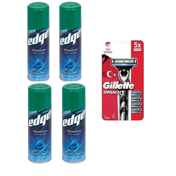 Edge Tıraş Jeli Normal Ciltler İçin 4x198gr&Gillette Mach3 Makina +5 Yedek Tıraş Bıçağı