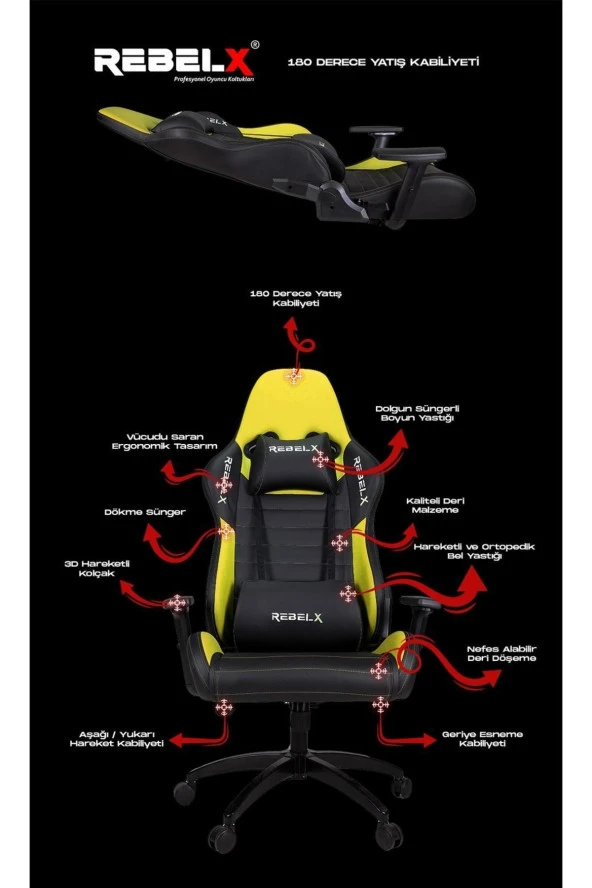 Rebelx Oyuncu Koltuğu Delta Sarı Renk Profesyonel Oyuncu Koltuğu - Resim 3