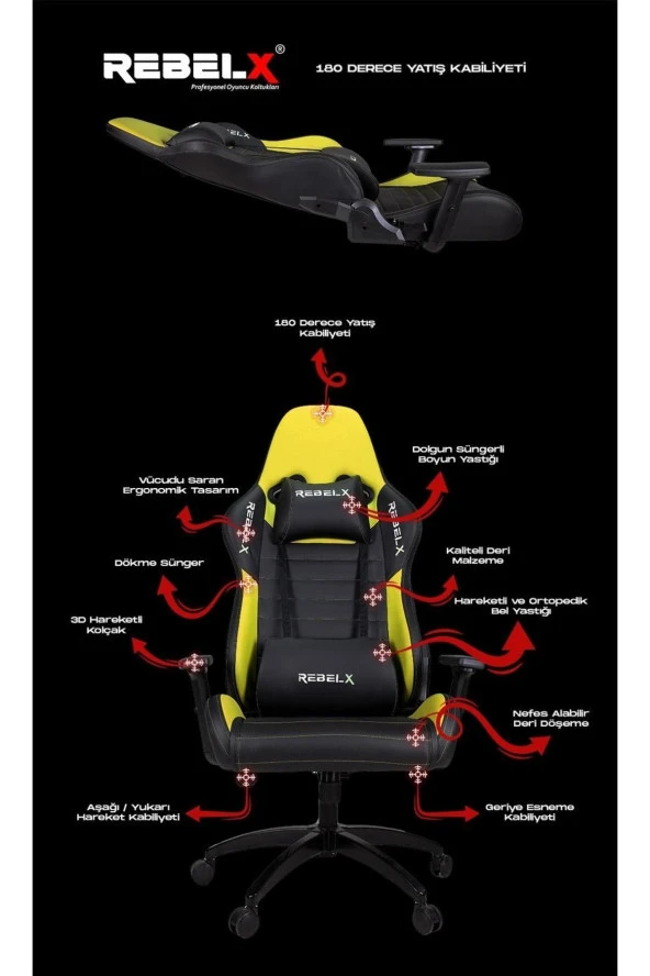 Rebelx Oyuncu Koltuğu Zeta Kırmızı Renk Profesyonel Oyuncu Koltuğu - Resim 3