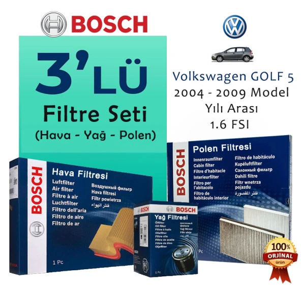 Vw GOLF 5 - 1.6 FSI - PERİYODİK BAKIM FİLTRE SETİ - (ORIJINAL BOSCH) - (2004-2009 Yılları Arası.)